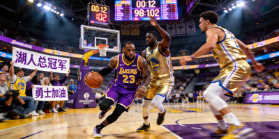 NBA篮球比赛现场直播画面，湖人队与勇士队激烈对抗